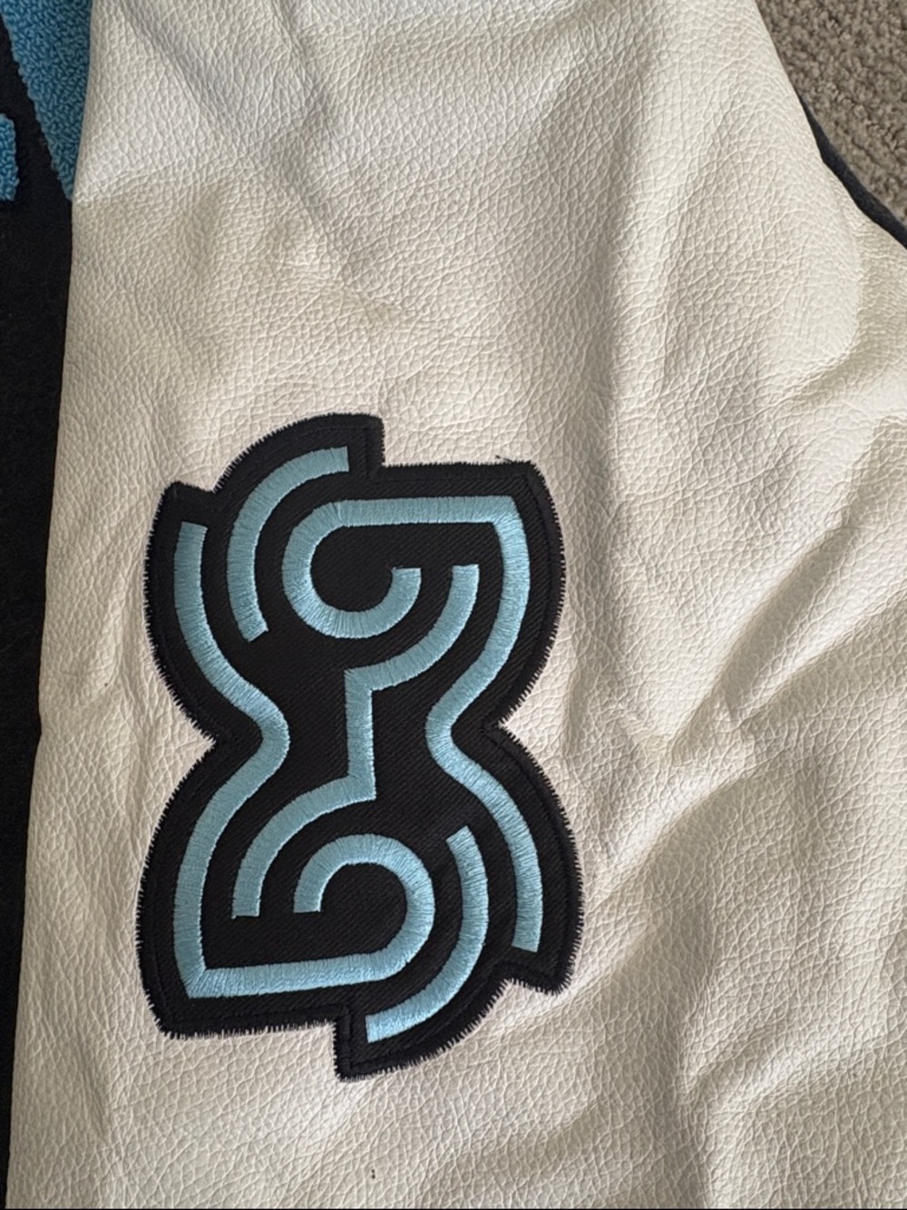 Black and White Varsity Jacket with Blue Appliqué - Picture 9 of 15